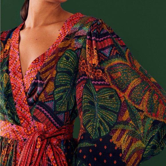 Farm Rio Wrap Mini Dress Long Sleeve Forest Tapestry Boho Green Pink Size Small - Picture 4 of 10